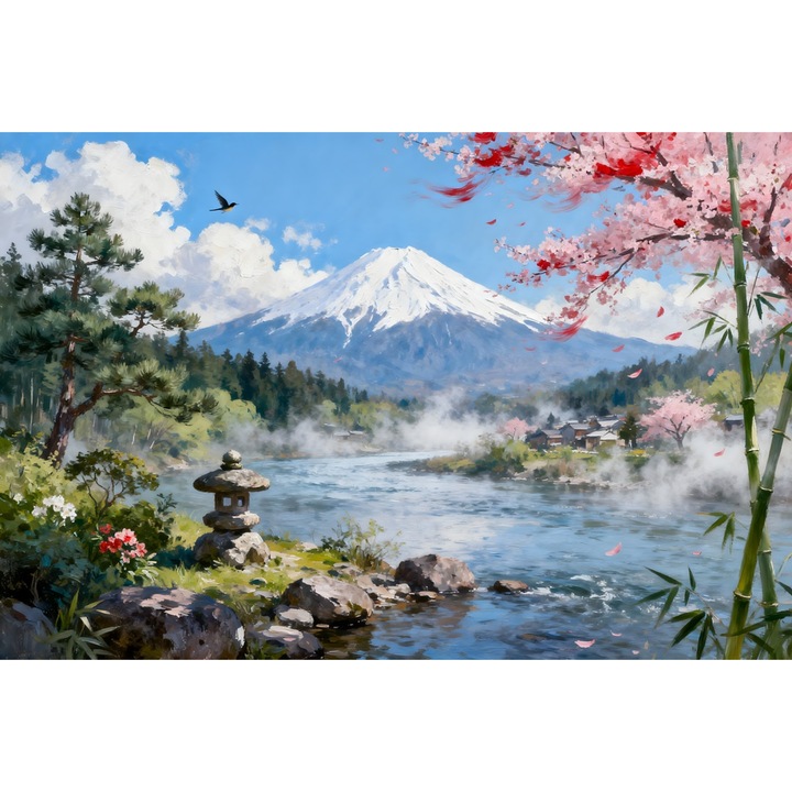 Tablou Canvas Peisaj in Japonia 26, 90x60 cm, natura, flori, lac, padure, rau, stil pictura, sasiu de lemn, panza de bumbac 90%, agatatoare invizibilla