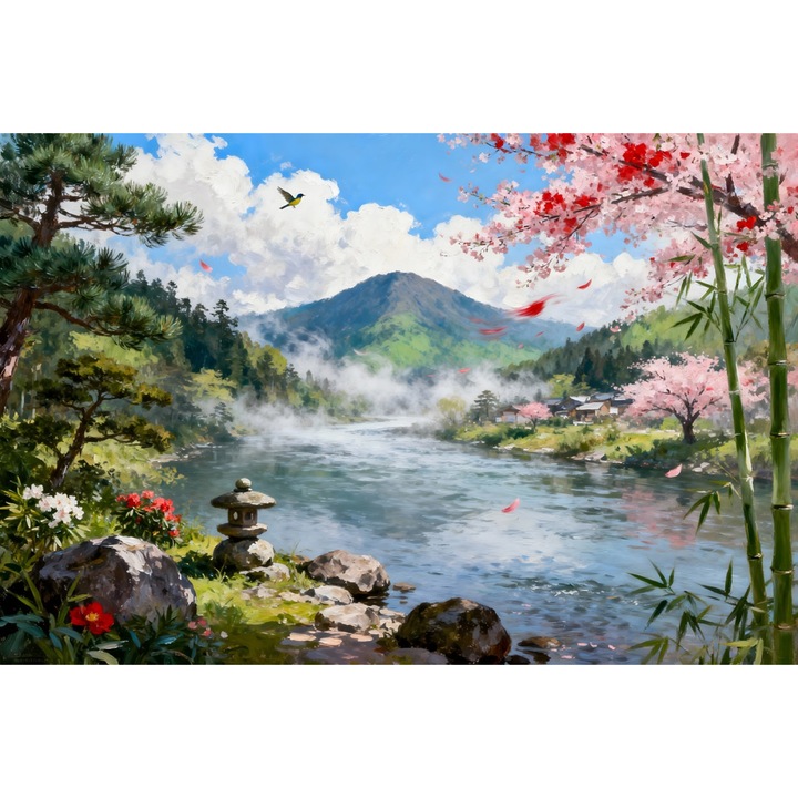 Tablou Canvas Peisaj in Japonia 28, 60x40 cm, natura, flori, lac, padure, rau, stil pictura, sasiu de lemn, panza de bumbac 90%, agatatoare invizibilla