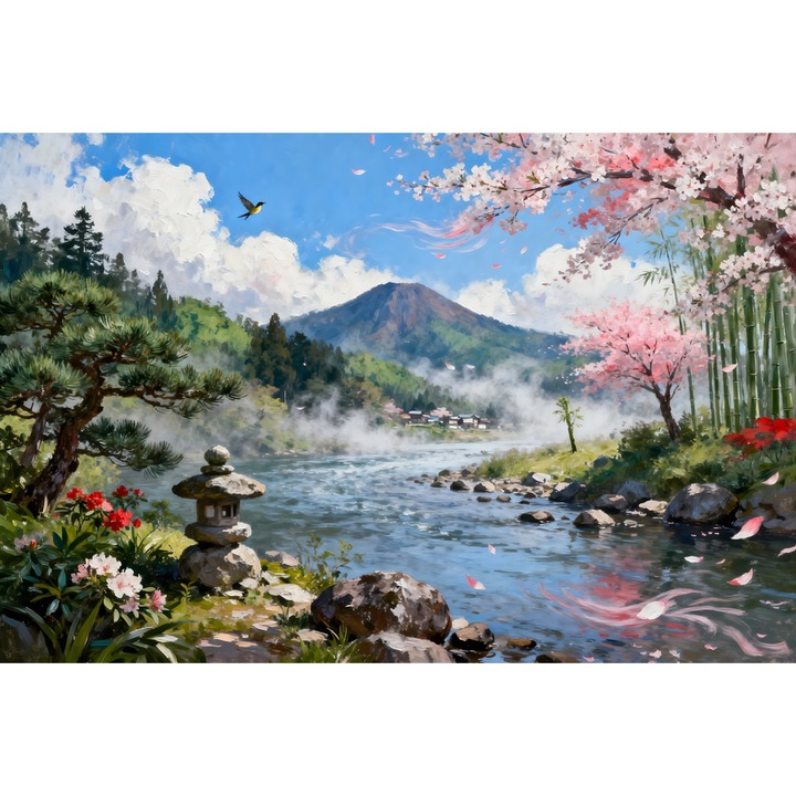 Tablou Canvas Peisaj in Japonia 29, 90x60 cm, natura, flori, lac, padure, rau, stil pictura, sasiu de lemn, panza de bumbac 90%, agatatoare invizibilla