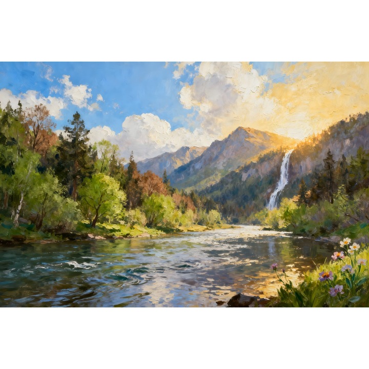 Tablou Canvas Peisaj in Japonia 35, 60x40 cm, natura, flori, lac, padure, rau, stil pictura, sasiu de lemn, panza de bumbac 90%, agatatoare invizibilla