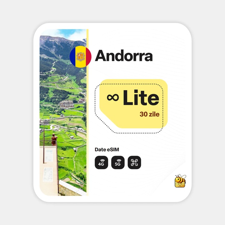 Cartela eSIM Internet, beeSIM, Andorra, Nelimitat, 30 zile