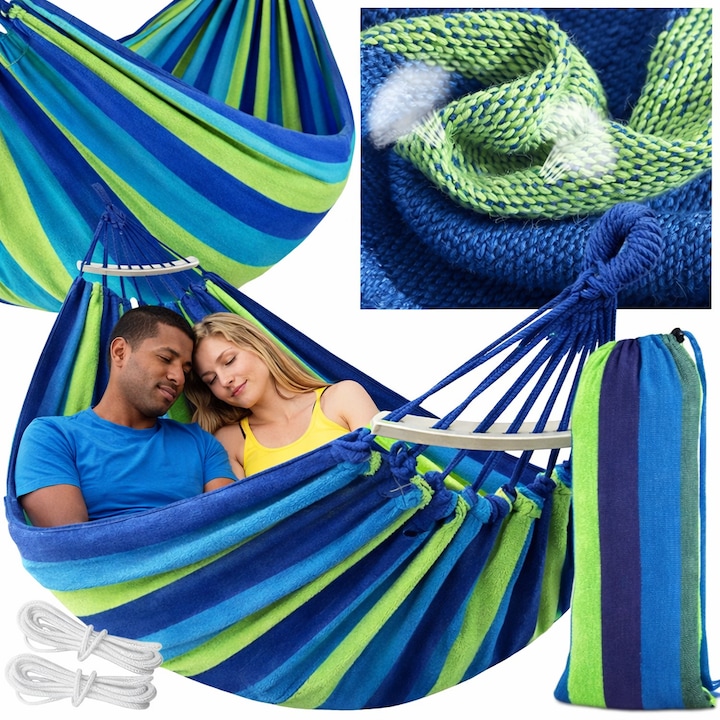 Hamac gradina dublu XXL 250x150 cm cu bara din lemn, bumbac ranforsat, capacitate 200 kg, hamac pentru terasa, balcon, camping si relaxare exterior