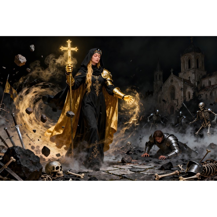 Tablou Canvas High Priestess Myrrha Lightbane, 90 x 60 cm, colectia VeliumHeroes, razboinic, stil pictura, sasiu de lemn, panza de bumbac 90%, agatatoare invizibila