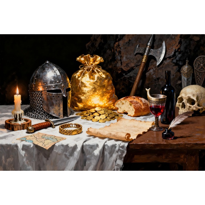 Tablou Canvas Natura statica medievala 1, 60x40 cm, arme, aur, flori, stil pictura, sasiu de lemn, panza de bumbac 90%, agatatoare invizibilla