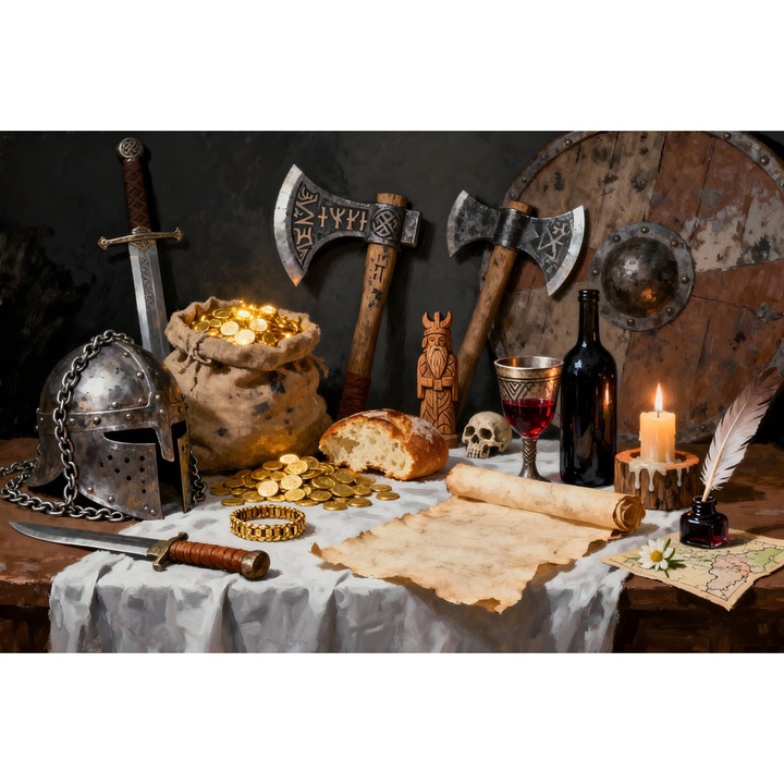 Tablou Canvas Natura statica medievala 2, 90x60 cm, arme, aur, flori, stil pictura, sasiu de lemn, panza de bumbac 90%, agatatoare invizibilla