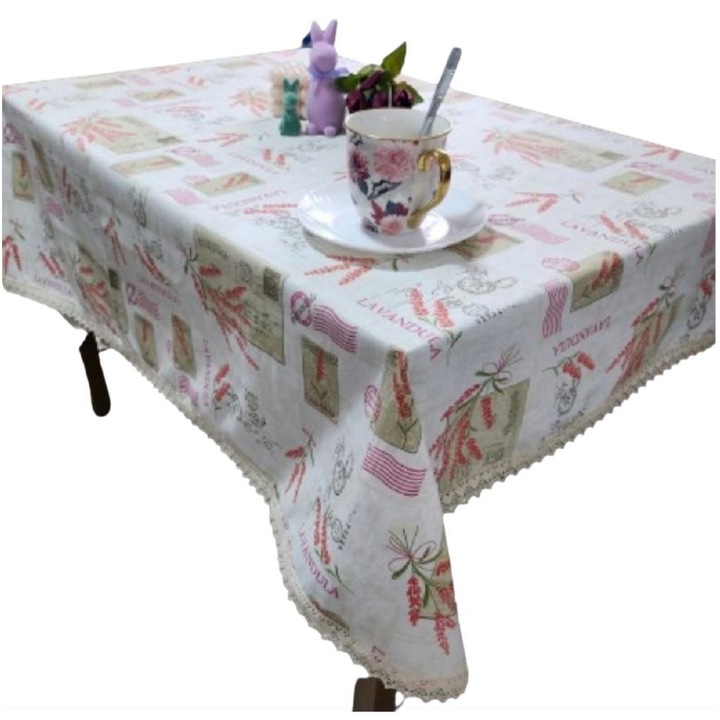 Fata de masa bumbac teflonat cu dantela, model lavanda, semiimpermeabila, stil rustic, 150x180 cm
