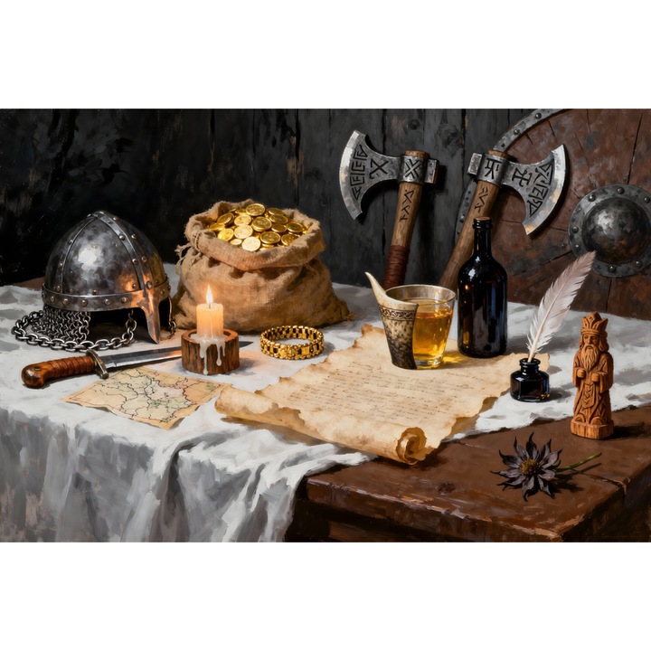 Tablou Canvas Natura statica medievala 4, 60x40 cm, arme, aur, flori, stil pictura, sasiu de lemn, panza de bumbac 90%, agatatoare invizibilla