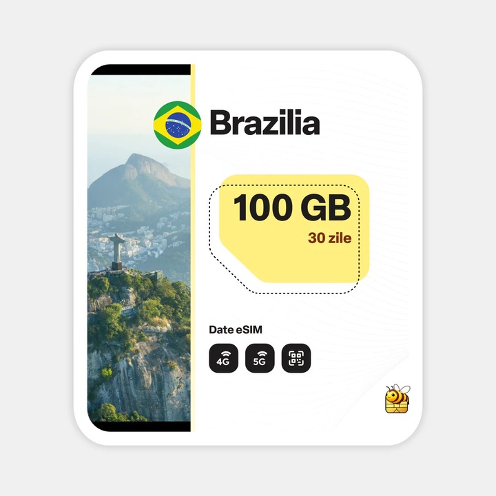 Cartela eSIM Internet, beeSIM, Brazilia, 100GB, 30 zile
