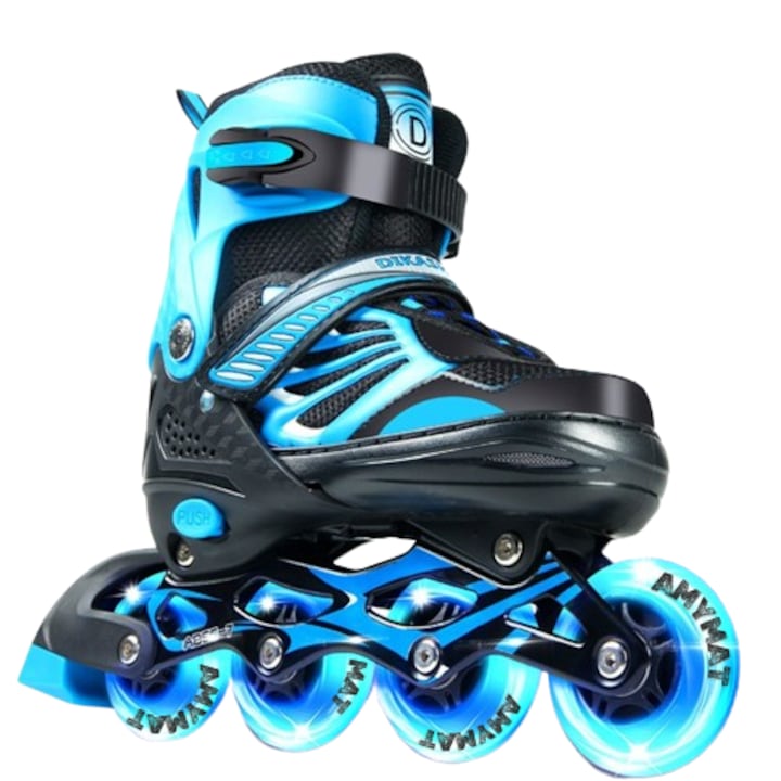 Role reglabile pentru copii si adulti AMYMAT, roti cu lumini din silicon 4 roti in linie, aluminiu/poliuretan, Rulmenti ABEC-7, Frana Spate, pentru Fete, Baieti, Marimea 27-32 Albastru