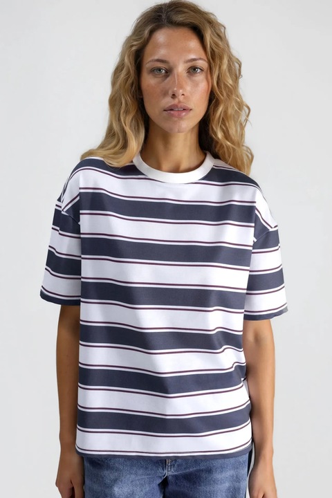 Tricou dama, HiCCUP, cu guler rotund, dungi, multicolor, bumbac si poliester