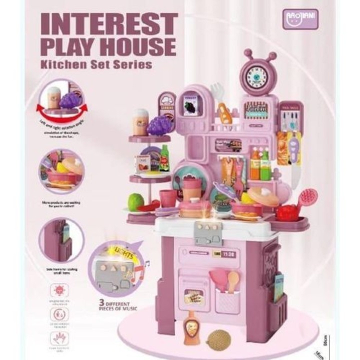 Bucatarie Multifunctionala, Play House, 56 de piese cu Plita, Cuptor si Accesorii, Roz