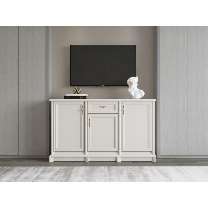 Comoda casmir, stil clasic, cu 3 usi si 1 sertar, 153, 5 cm x 90, 5 cm x 44, 5 cm, manere decorative