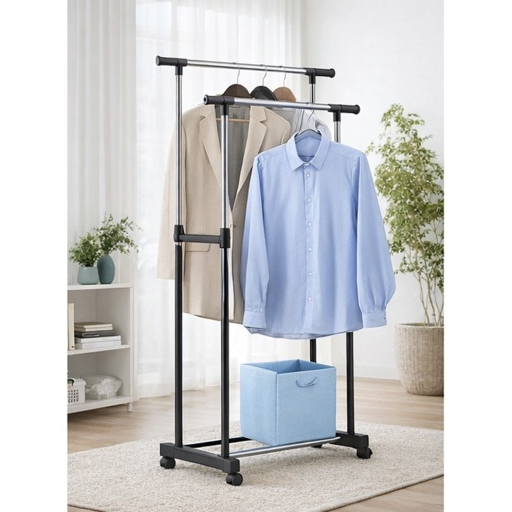 Suport Umeras Haine Reglabil cu 2 Bare, Telescopic, cu Roti, Capacitate 30 kg, Organizator Haine pentru Dormitor / Dressing