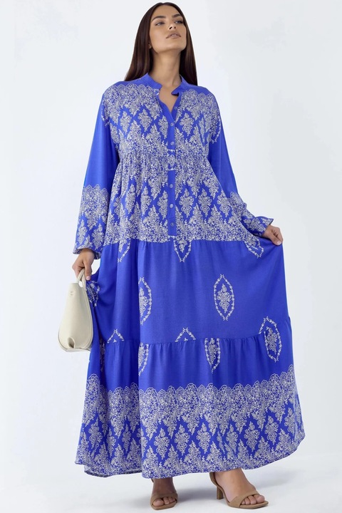 Rochie maxi, HiCCUP, decolteu in V, maneci lungi, alb/albastru