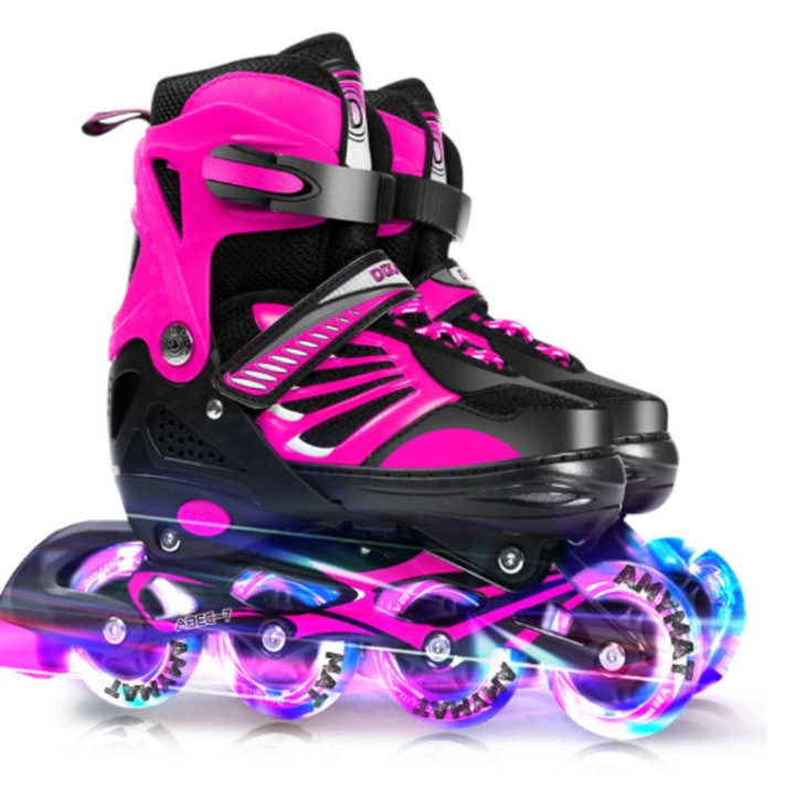 Role reglabile pentru copii si adulti AMYMAT, roti cu lumini din silicon 4 roti in linie, aluminiu/poliuretan, Rulmenti ABEC-7, Frana Spate, pentru Fete, Baieti, Marimea 27-32 Roz