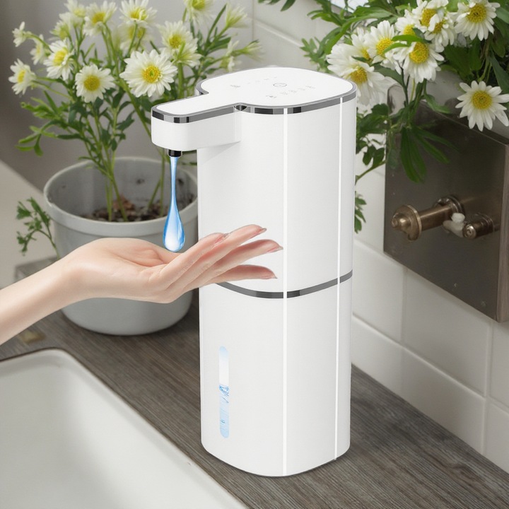Dozator Automat Sapun Lichid, 420ml, Senzor Infrarosu, Fara Atingere, 4 Niveluri Dozare, Incarcare USB-C, Indicator LED, Dozator Sapun Baie, Bucatarie si Spatii Profesionale, Alb