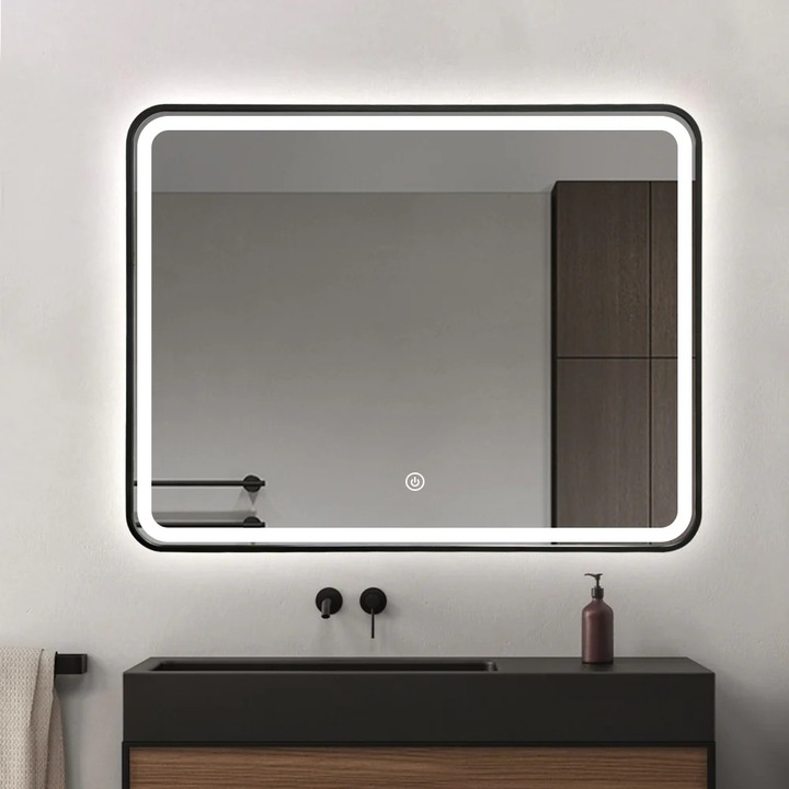 Oglinda de baie FENOMÉ neagra cu iluminare LED si incalzire integrate - 60x80 cm