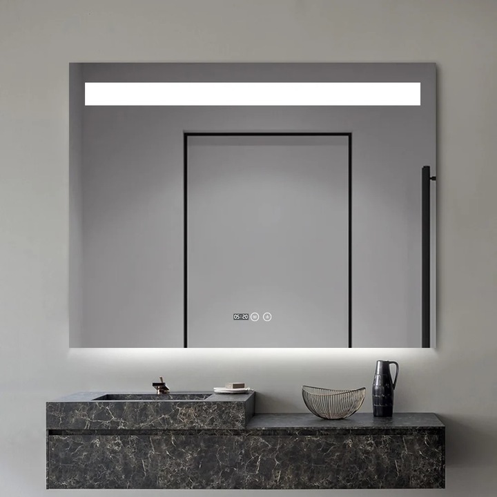 Oglinda de baie Fenome Carla cu LED, ceas digital, 90x70cm, iluminare ajustabila, IP44