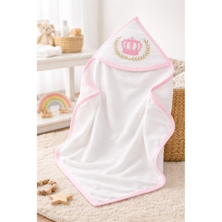 Prosop bebe cu gluga roz si coroana, prosop baie nou nascut bumbac absorbant