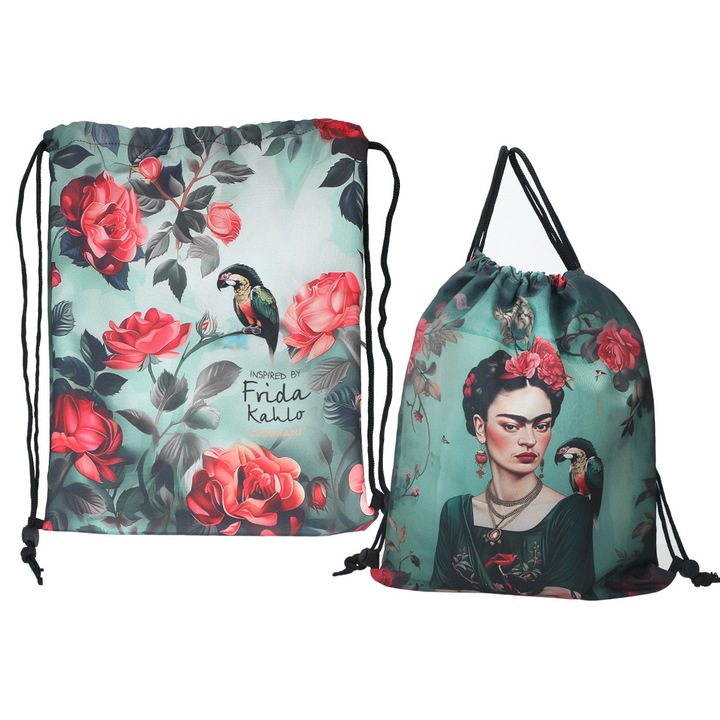 Rucsac tip sac, CARMANI, model Frida Kahlo, design flori, format A4