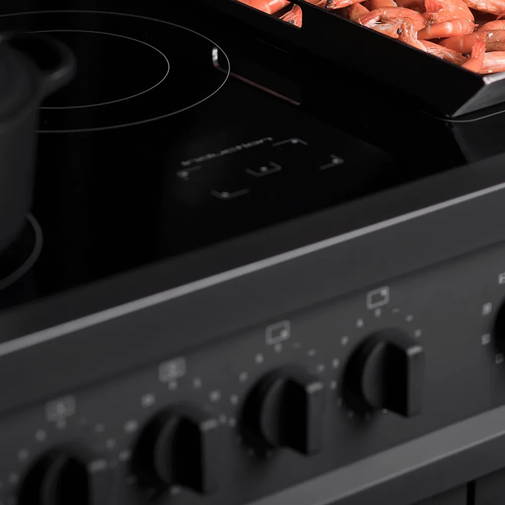 Aragaz electric cu plita pe inductie si 2 cuptoare clasa A Steel Cucine, colectie Enfasi, 100 cm, 9 programe cuptor principal, 5 zone gatire plita, temperatura 50-265°C, 4 functii cuptor secundar, iluminare interioara duala, zona Flex, negru