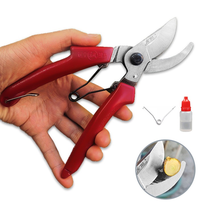 Foarfece de gradina D-201B, lame din otel SK5, 20 cm, diametru maxim de taiere 20 mm, lame duble curbate, maner antiderapant, cu blocare de siguranta, arc de rezerva si ulei antirugina