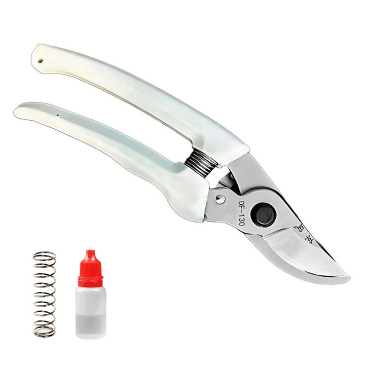 Foarfeca de gradina pentru taiat ramuri DF-130, lama din otel carbon SK5, 18 cm, taiere pana la 20 mm, maner ergonomic antiderapant, cu blocare de siguranta, arc de rezerva si ulei anti-rugina