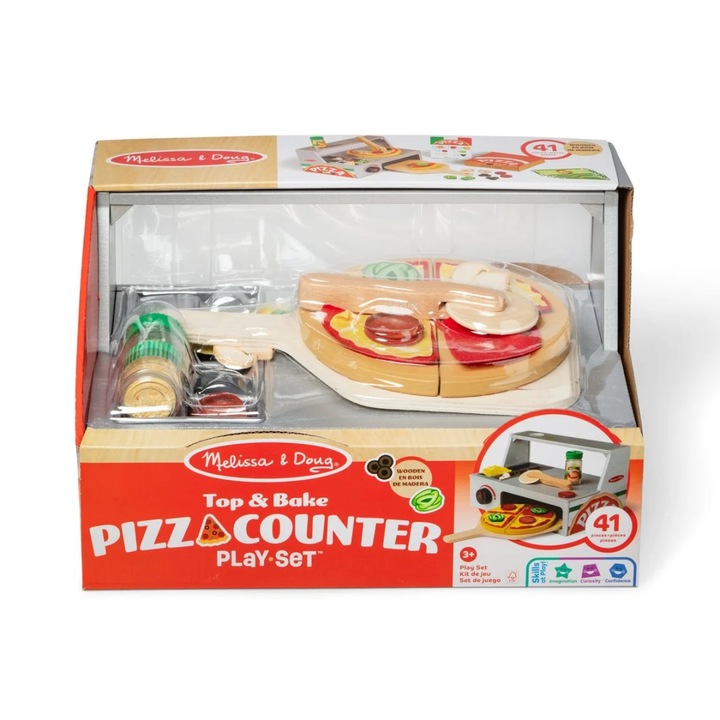 Set de joaca Melissa & Doug, Masa de facut pizza din lemn, 41 piese, multicolor, 34.04x22.10x19.56cm