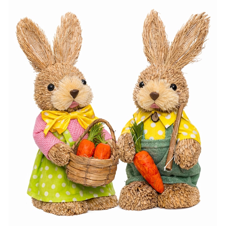 Set Iepurasi decorativi de Paste, figurine din paie cu morcov si cos, decor rustic pentru masa