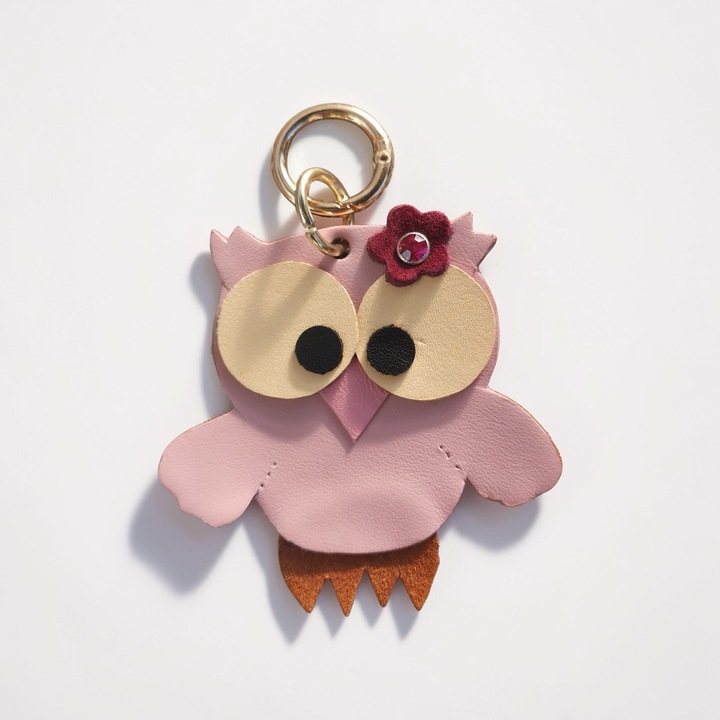 Breloc din Piele naturala, bufnita, Accesoriu Geanta sau Chei, Handmade, Breloc Decorativ, Breloc chei 10 cm