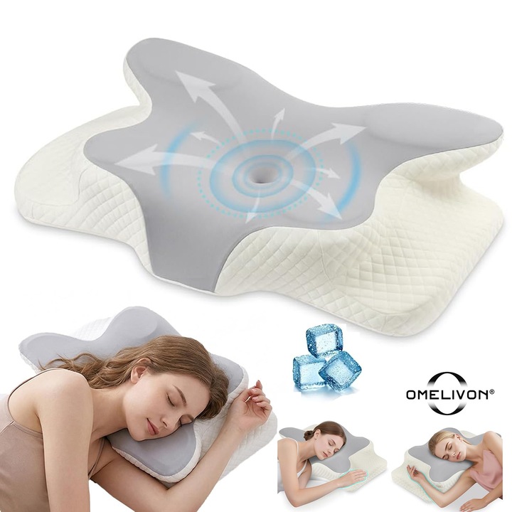 Perna Ortopedica Cervicala pentru dormit, Omelivon®, puma cu Memorie ergonomica pentru Gat si Suport Cervical, pentru Gat si Suport Cervical, Husa lavabila, Ideala pentru dormitul lateral, spate sau stomac,62x42x11-13cm