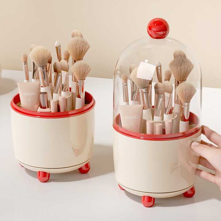 Organizator produse cosmetice, 360° Suport rotativ pentru produse de machiaj pensule, rujuri, creioane, rimel, tus, Design cu 7 compartimente, Rezistent la praf, Impermeabil, Din plastic, 8,3 x 14 cm