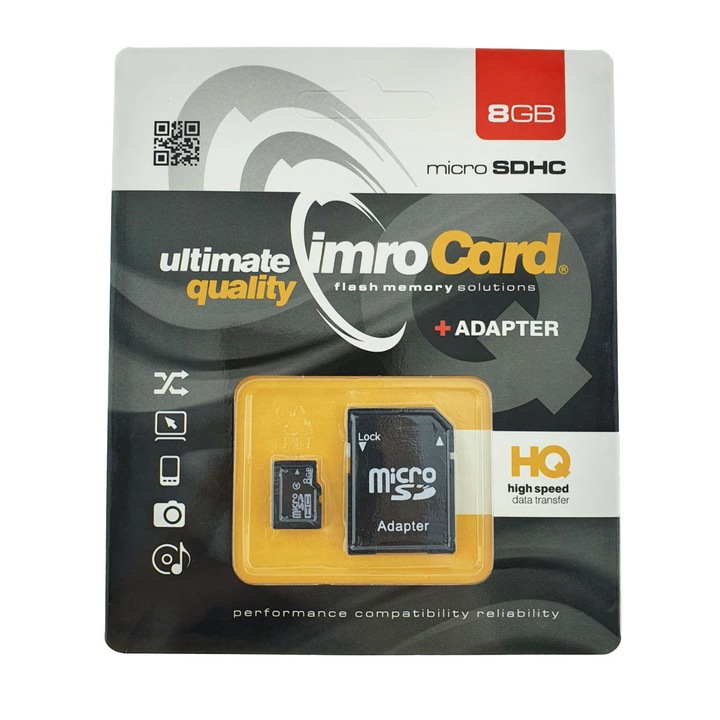 Card de memorie microSDHC 8GB Clasa 4 + Adaptor SD, Imro 01546, pentru Camera Foto, Navigatie GPS