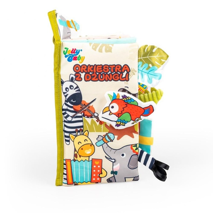 Carte textila interactiva JOLLYBABY, Orchestra din jungla, Elemente cu texturi variate, 0+ ani