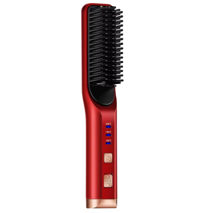 Perie electrica pentru indreptat par si barba FENIKEST AE-506, ceramica cu ioni negativi, 3 trepte temperatura, incalzire rapida, USB-C, LED, portabila, rosu