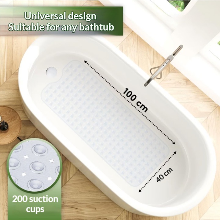 Covoras de Baie Anti-Alunecare, DACAI,100 x 40 cm, cu 200 Ventuze de Fixare si Drenaj Eficient, Ideal pentru Cada, Dus si Orice Suprafata Neteda, Antiderapant, Transparent