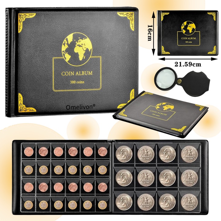 Kit organizator de monede Omelivon® (1 album de colectie + 1 lupa portabila din piele), cutie organizatoare pentru monede cu 300 de compartimente, potrivit pentru monede de 20/25/27/30/38 mm, toate tipurile de albume de colectie pentru monede