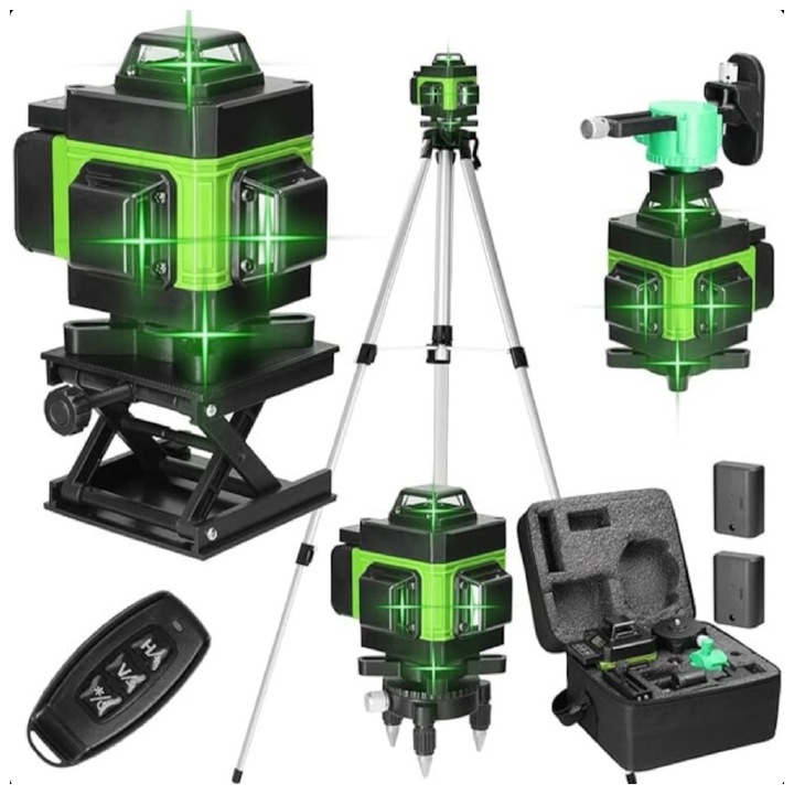 Nivela Laser 4D SUPER TRENDS®, 16 Linii, Auto-Nivelare, Portabila, Trepied, 2 Acumulatori, Negru-Verde