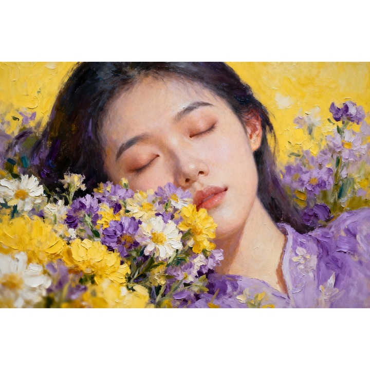 Tablou Canvas Serenitate feminina 3, flori, femeie, 120x80 cm, sasiu de lemn, panza de bumbac 90%, agatatoare invizibila