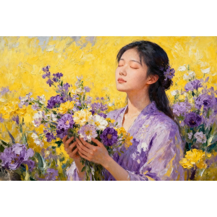 Tablou Canvas Serenitate feminina 4, flori, femeie, 100x70 cm, sasiu de lemn, panza de bumbac 90%, agatatoare invizibila