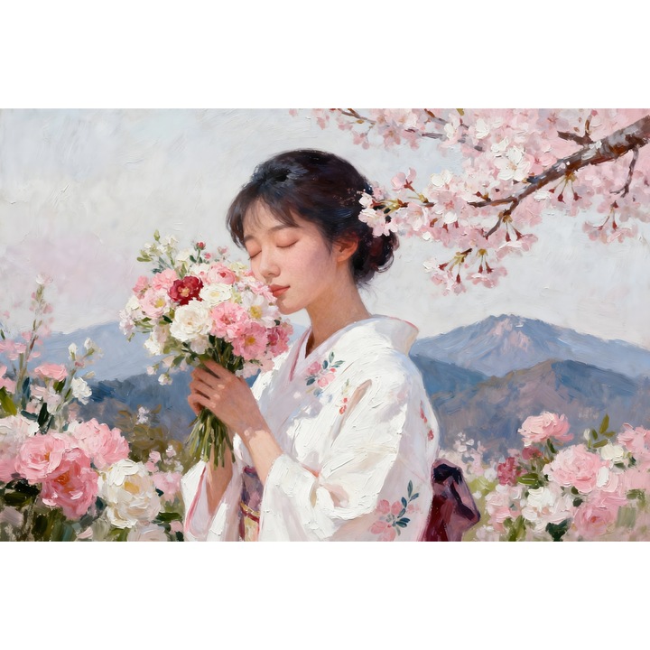 Tablou Canvas Serenitate feminina 6, flori, femeie, 90x60 cm, sasiu de lemn, panza de bumbac 90%, agatatoare invizibila