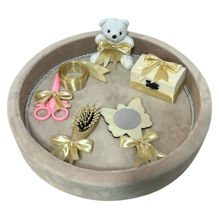 Set tavita pentru taiere mot din catifea – crem pentru fetite, 7 piese, 32x6 cm