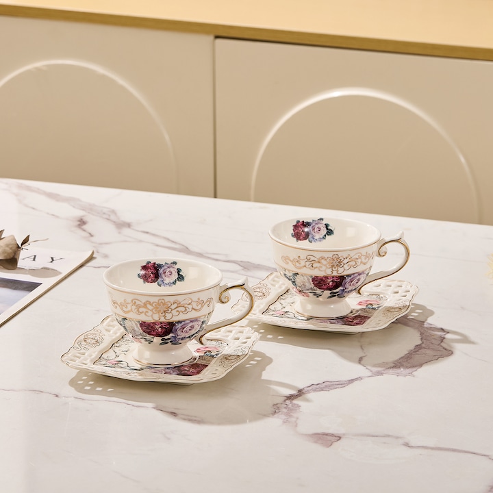 Set 2 cesti cafea cu 2 farfurioare portelan 200 ml – model floral elegant