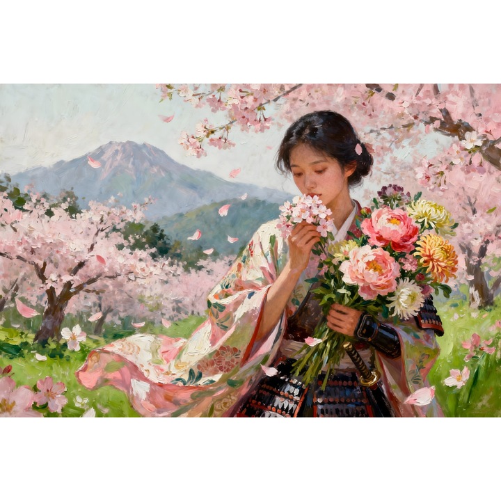 Tablou Canvas Samurai serenity, flori, femeie, 150x100 cm, sasiu de lemn, panza de bumbac 90%, agatatoare invizibila