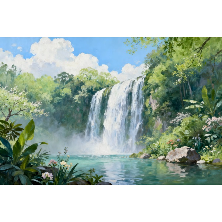 Tablou Canvas Cascada in japonia 15, 120x80 cm, natura, flori, lac, padure izvor, rau, stil pictura, sasiu de lemn, panza de bumbac 90%, agatatoare invizibilla