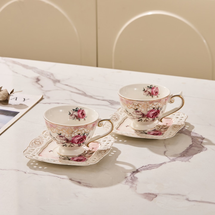 Set 2 cesti cafea cu 2 farfurioare portelan 200 ml – model floral elegant