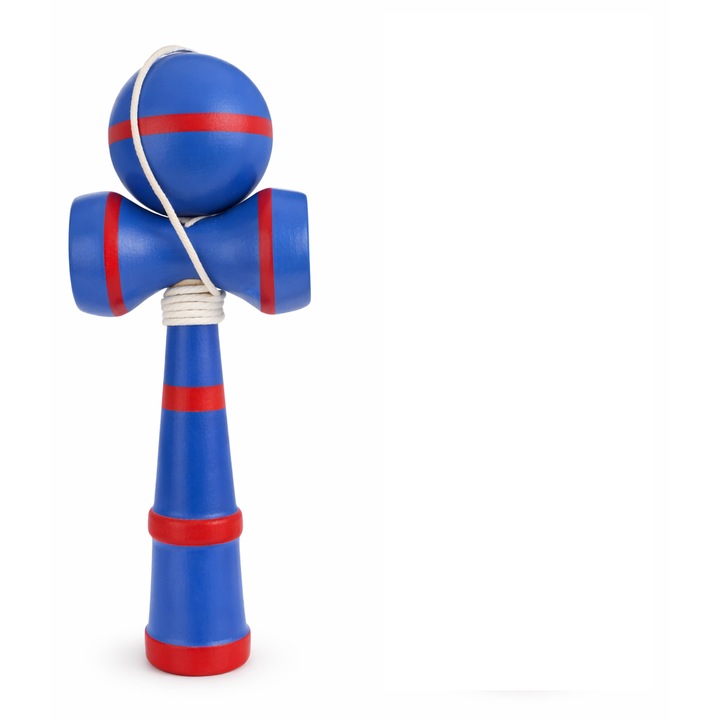 Joc Kendama din Lemn pentru Copii si Adulti, Coordonare si Indemanare, Minge cu Sfoara, 2 Culori Disponibile (Albastru sau Natur cu Galben)
