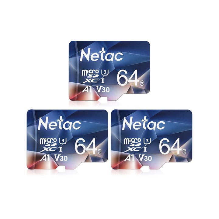 Set 3 Carduri de Memorie MicroSD Netac P500 64GB x 3, Clasa 10 A1, U3, C10, V30, 4K, 667X, UHS-I Viteze pana la 100/30MB/s