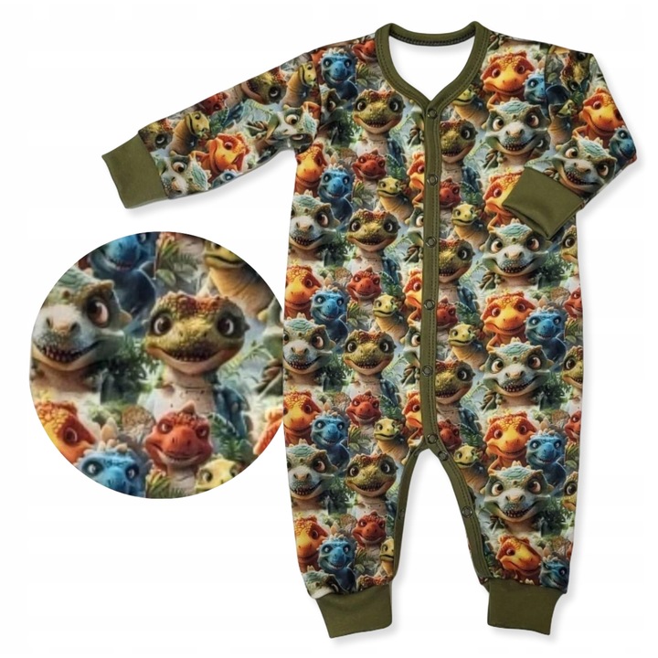 Pijama copii Dartomik, bumbac, cu capse, model cu dinozauri, verde