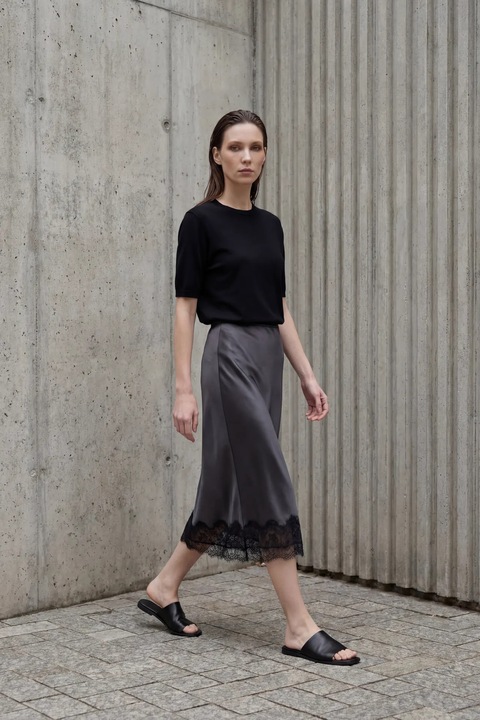 Fusta midi, MyFashion, satin, gri ardezie, talie inalta